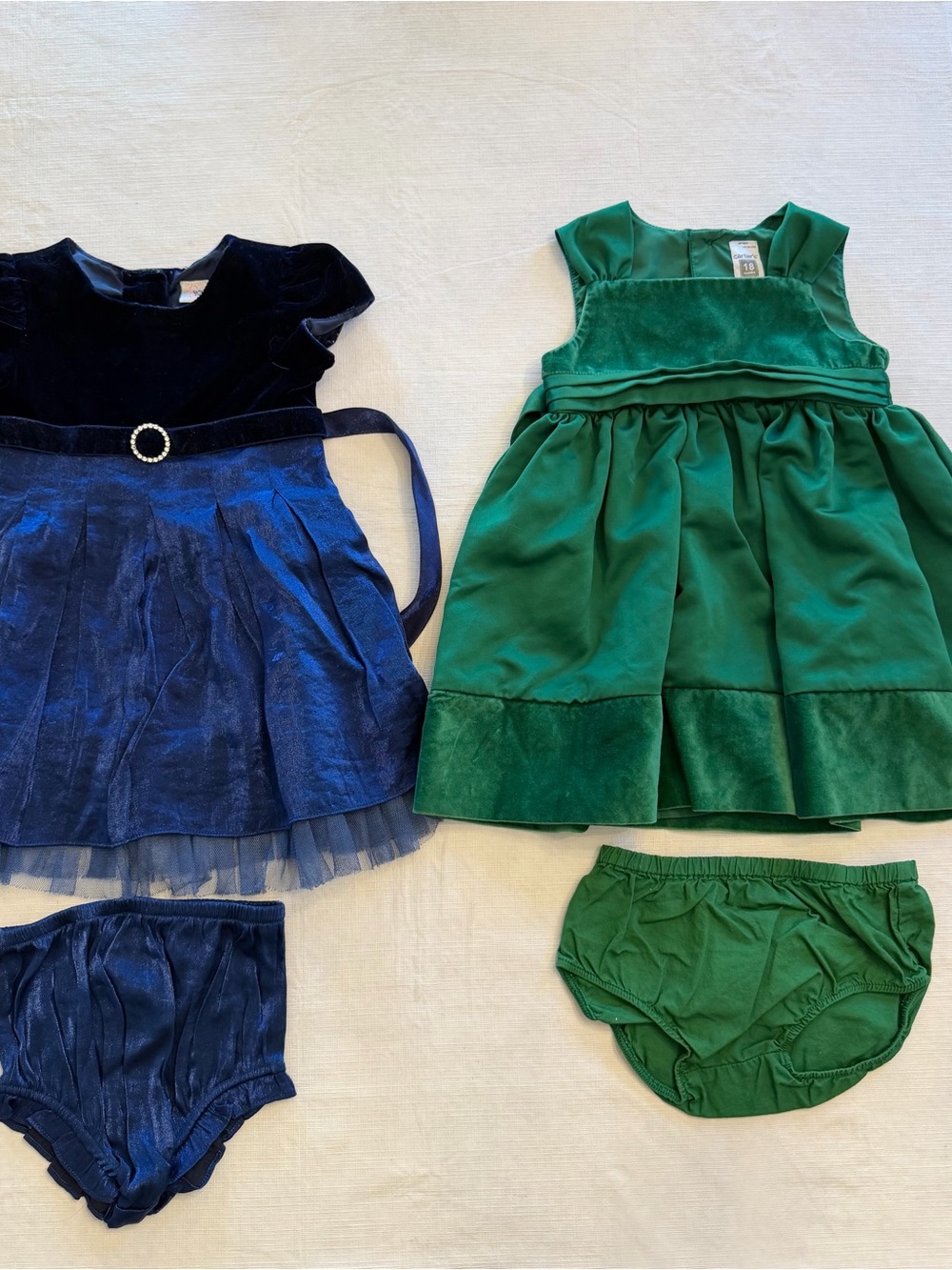 Carter's Navy Blue & Emerald Green Velvet Holiday Dresses with Bloomers